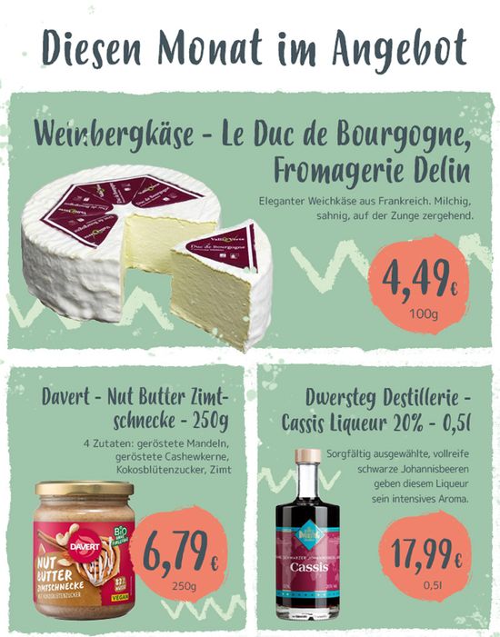 KI generiert: Das Bild zeigt Sonderangebote des Monats, darunter einen Allgäuer Käse, Gemüsebrühe und ein Edel-Pilsbier mit den entsprechenden Preisen. Die Produkte sind mit kurzen Beschreibungen versehen.