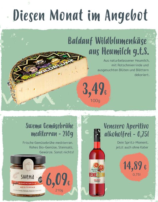 KI generiert: Das Bild zeigt Sonderangebote des Monats, darunter einen Allgäuer Käse, Gemüsebrühe und ein Edel-Pilsbier mit den entsprechenden Preisen. Die Produkte sind mit kurzen Beschreibungen versehen.