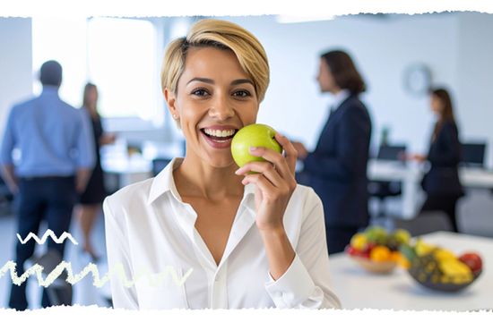 Frau beißt in Apfel, Im Hintergund ein Büro Pausenraum mit Mitarbeitern und Obstkorb