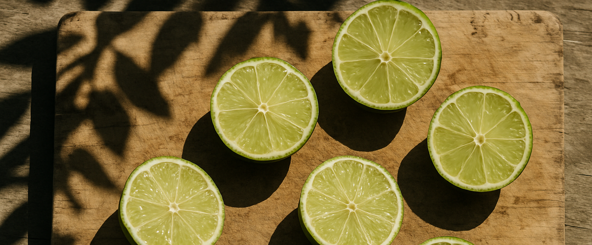 KI generiert: Vier Limettenhälften und ein Messer auf einem Holzbrett.