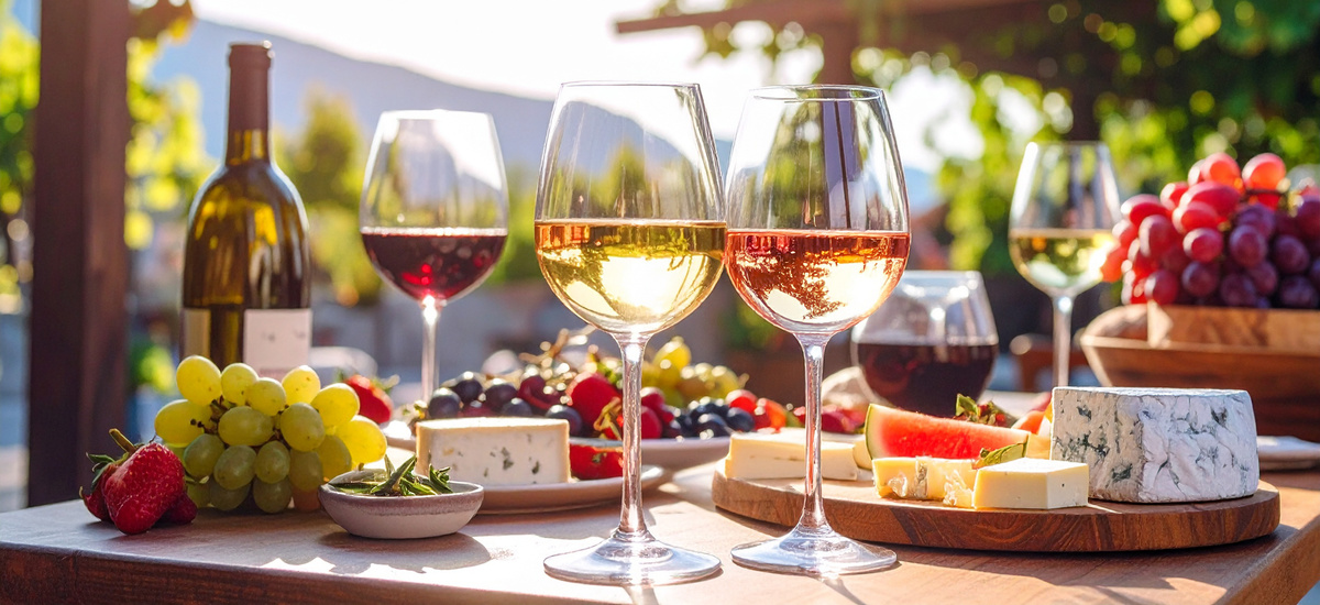 KI generiert: Wein, Käse, Trauben und Gläser auf einem Tisch im Freien, bei sonnigem Wetter.