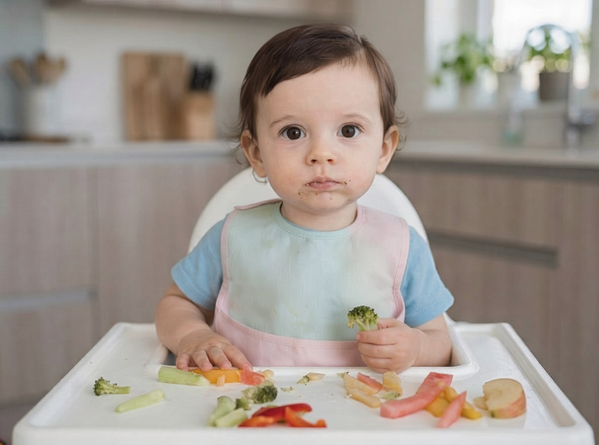 KI generiert: Ein kleines Kind sitzt im Hochstuhl und isst Gemüse.