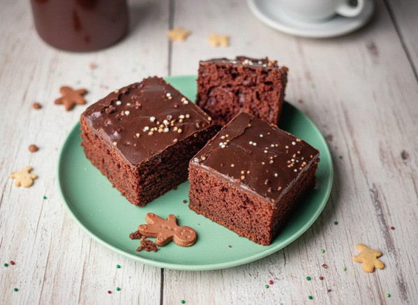 KI generiert: Schokoladenkuchenstücke auf einem grünen Teller, dekoriert mit kleinen Lebkuchenfiguren.