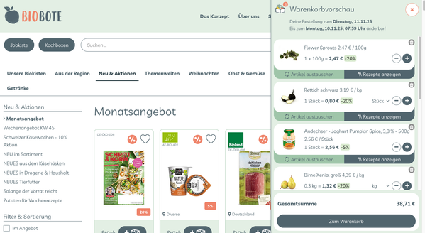 Screenshot Artikel im Warenkorb