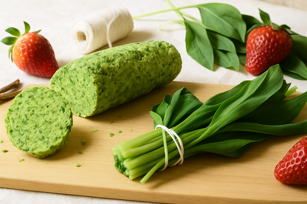 KI generiert: Bärlauchbutter auf Holzbrett, umgeben von Bärlauchblättern und Erdbeeren.