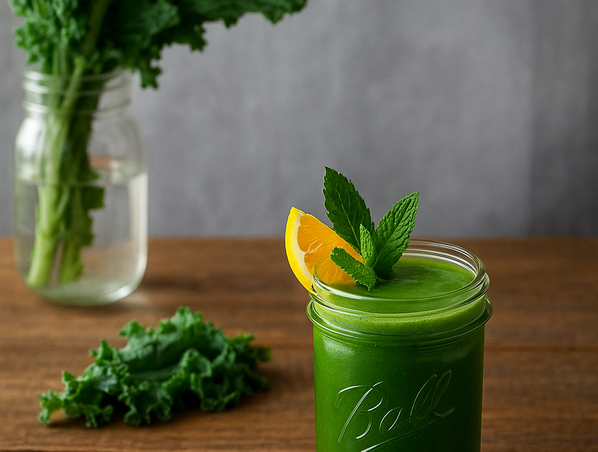 KI generiert: Grüner Smoothie in Glas mit Minze und Zitrone; im Hintergrund Grünkohl in Vase.