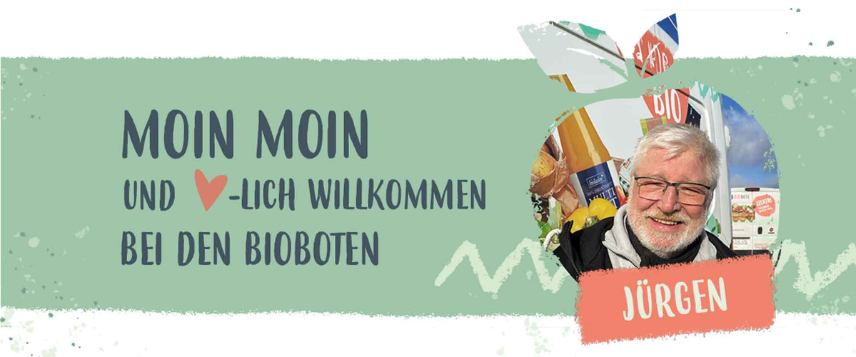 KI generiert: Das Bild zeigt eine Willkommensnachricht für die "Bioboten", mit einem herzlichen "Moin Moin" und einem Foto einer Person. Der Name "Jürgen" ist ebenfalls auf dem Bild zu sehen.