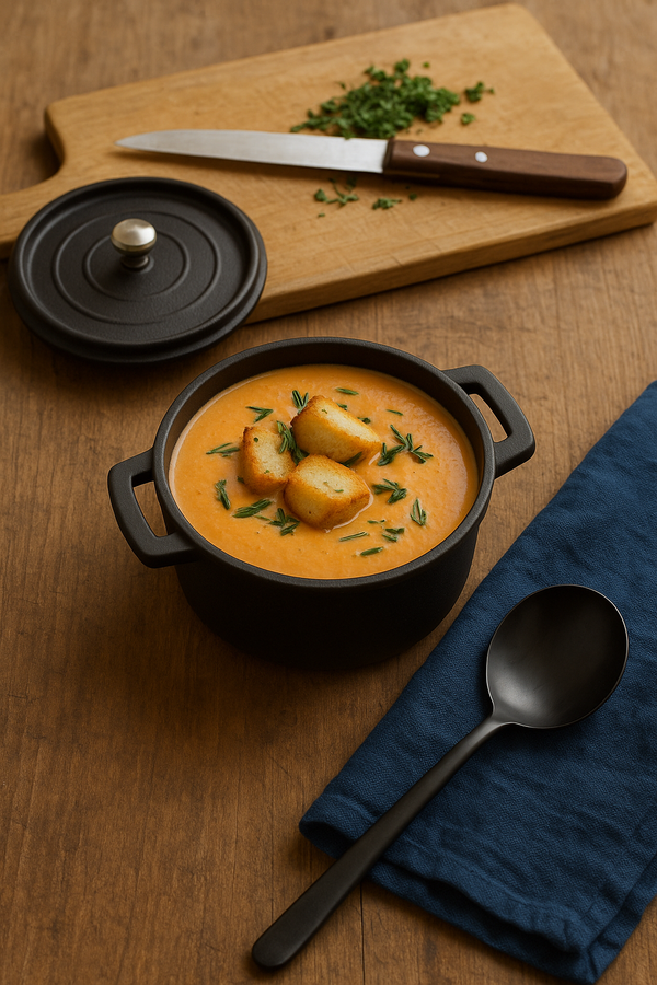 KI generiert: Suppenschale mit Croutons und Kräutern, daneben ein Brett mit Messer und gehackten Kräutern.