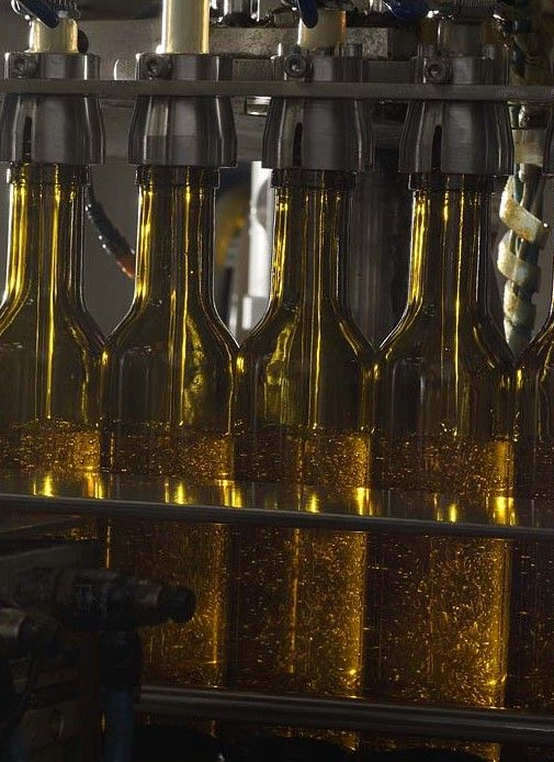 KI generiert: Flaschenabfüllanlage mit mehreren gelben Glasflaschen in einer Reihe.