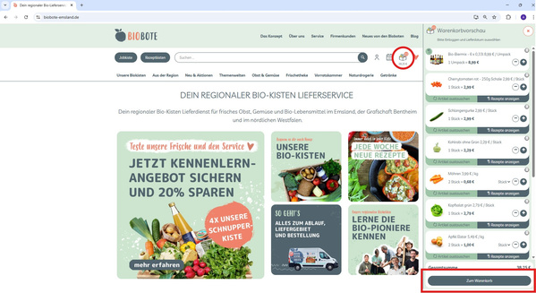 KI generiert: Website eines Bio-Kisten Lieferdienstes mit Einkaufskorb-Vorschau. Text: "Jetzt Kennenlernangebot sichern und 20% sparen".