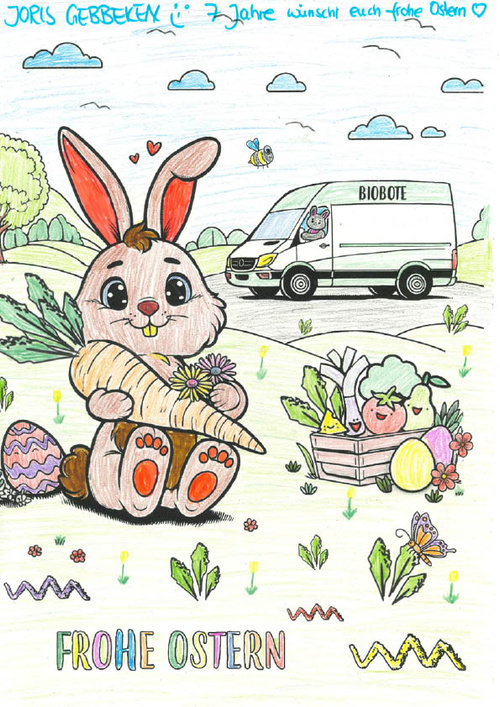 KI generiert: Ein Osterhase mit Möhren und Eiern; Aufschrift: "FROHE OSTERN".