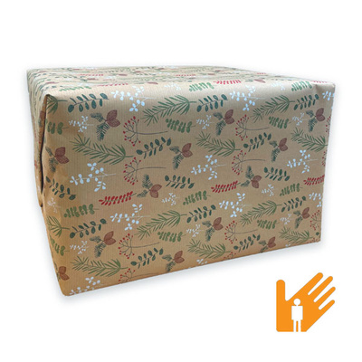 KI generiert: Ein Geschenk in festlichem Papier, verziert mit Pflanzenmotiven. Unten rechts ein oranges Symbol mit Hand.