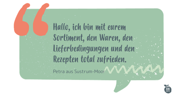 Eine Kundenbewertung lobt Sortiment, Waren, Lieferbedingungen und Rezepte eines Anbieters. Text: "Hallo, ich bin mit eurem Sortiment, den Waren, den Lieferbedingungen und den Rezepten total zufrieden. Petra aus Sustrum-Moor."