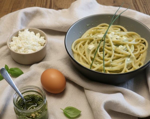 KI generiert: Pasta mit Soße in Schale, Paste, Ei und Käse daneben.