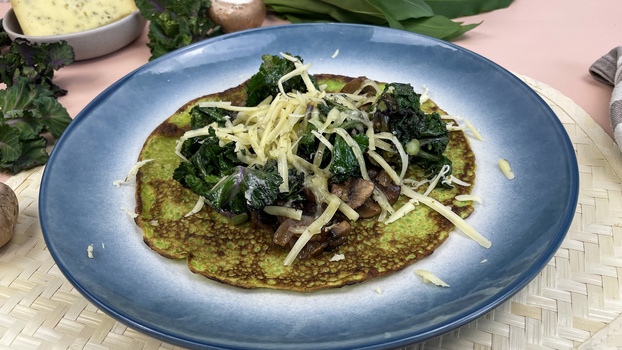 Rezeptbild für 343. Bärlauchpfannkuchen mit Champignons und Flower Sprouts