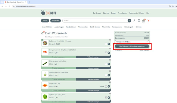 KI generiert: Ein Bildschirm zeigt einen Online-Warenkorb bei Biobote mit verschiedenen Bio-Produkten. Text: "Bitte Einloggen und Lieferdatum auswählen".
