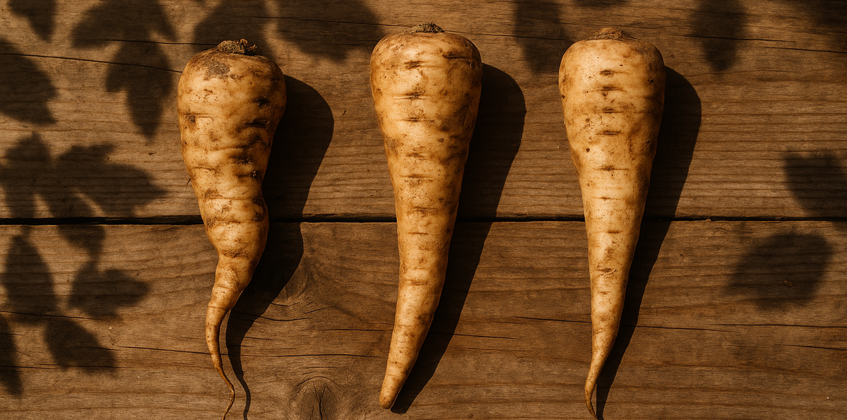 KI generiert: Drei Pastinaken auf einem Holztisch mit Blätterschatten.
