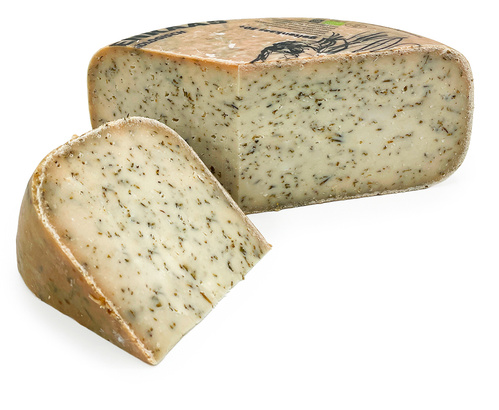 KI generiert: Ein Käse mit Kräutern, teilweise angeschnitten.