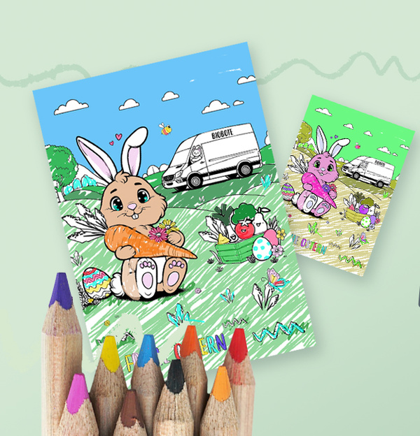 KI generiert: Ein Hase mit Karotte, Ostereier und ein "BIOBOTE"-Lieferwagen. Text: "FROHE OSTERN".