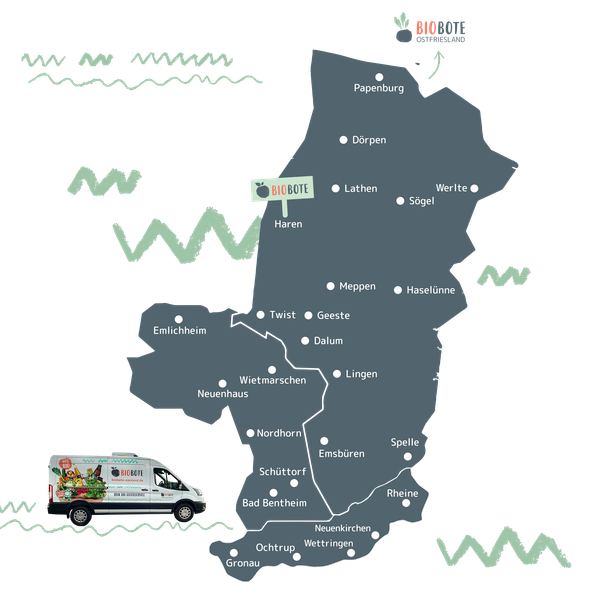 Das Bioboten Liefergebiet: Emsland, Grafschaft bentheim und das nördliche NRW von Gronau bis Rheine