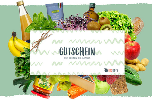KI generiert: Ein Gutschein mit Obst und Gemüse im Hintergrund. Text: "GUTSCHEIN FÜR ECHTEN BIO-GENUSS".