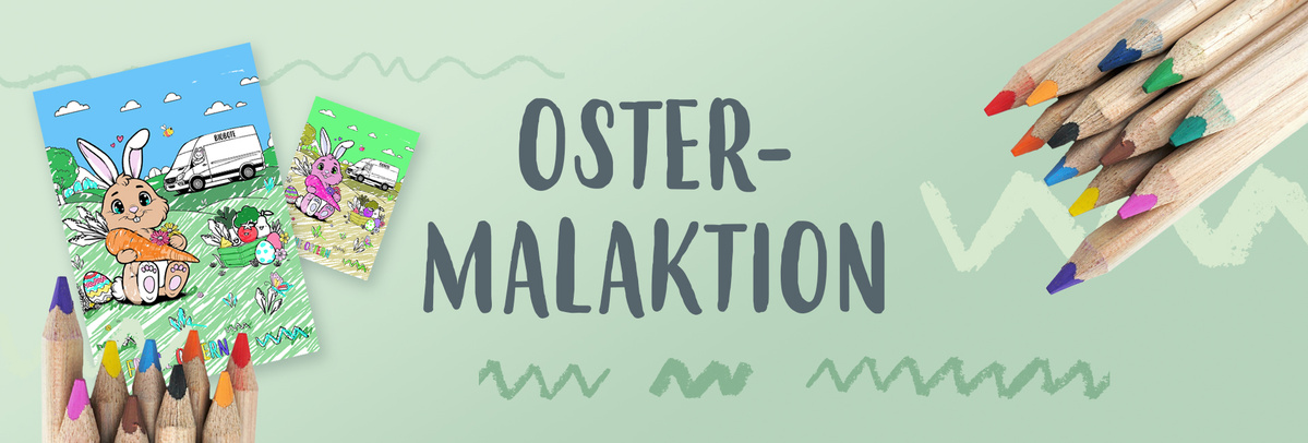 KI generiert: Buntstifte, Osterhase-Zeichnungen und der Text "Oster-Malakion".