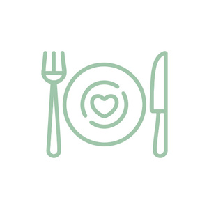 Grünes, minimalistisches Ikon mit Teller, Herz, Gabel und Messer auf weißem Hintergrund.