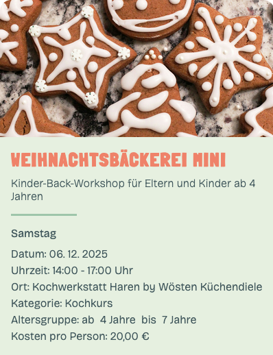 KI generiert: Weihnachtskekse und Infos zu Kinder-Backkurs am 06.12.2025, 14–17 Uhr, für Kinder ab 4 Jahren, 20 € pro Person.