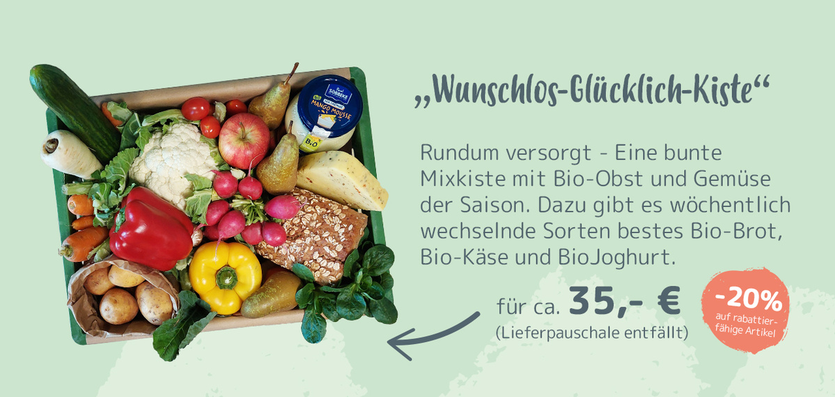 KI generiert: Eine Mixkiste mit Bio-Obst, Gemüse, Käse, Brot und Joghurt. Text: „Wunschlos-Glücklich-Kiste“ für ca. 35,- €.
