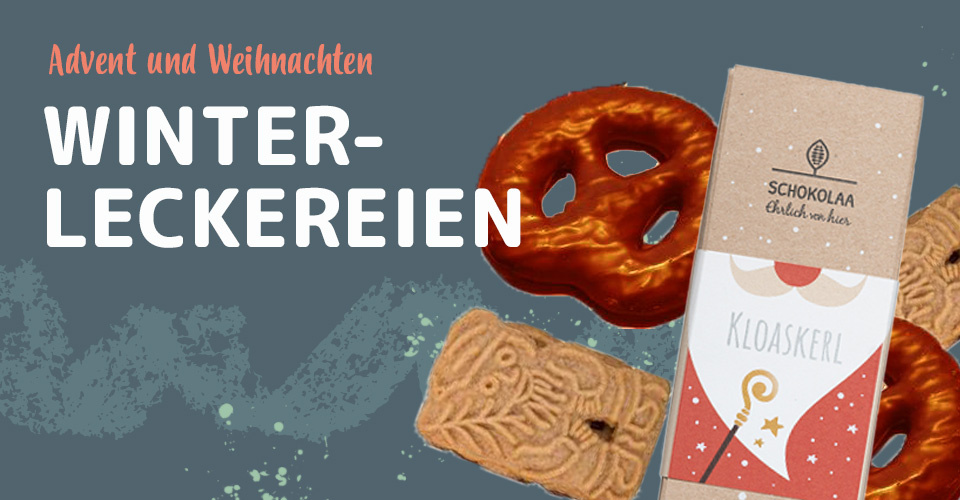 KI generiert: Winterleckereien: Schokolade, Brezel, Spekulatius. Text: "Advent und Weihnachten WINTER-LECKEREIEN SCHOKOLAA KLOASKERL".