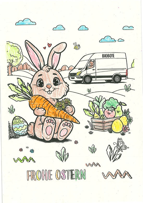 KI generiert: Ein Hase mit Karotte sitzt neben Ostereiern. Im Hintergrund ein Lieferwagen. Text: "FROHE OSTERN".