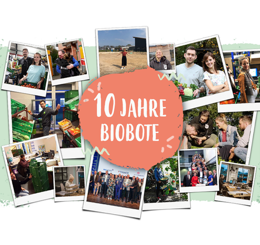 KI generiert: Collage mit Fotos von Menschen und dem Text "10 Jahre Biobote" im Zentrum.