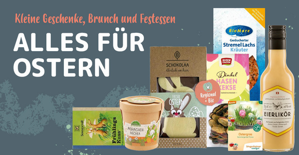 Produkte für Ostern: Schokoladenhasen, Eierlikör, Kräuterlachs. Text: "ALLES FÜR OSTERN".