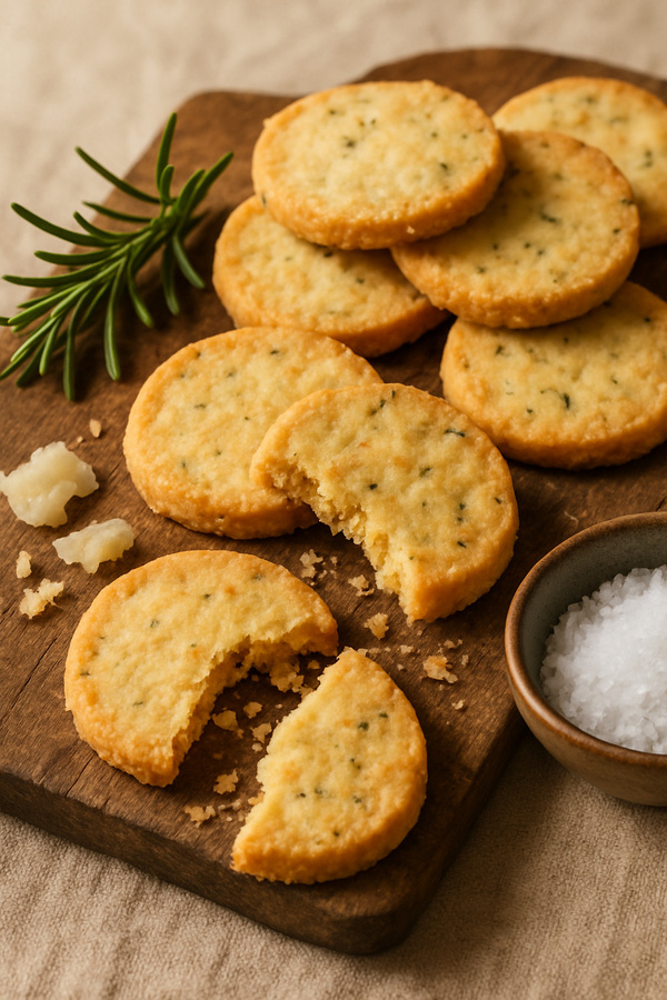 KI generiert: Kekse mit Kräutern auf Holzbrett, daneben Salz und Rosmarin.