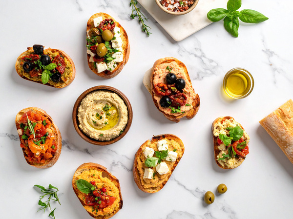 KI generiert: Verschiedene belegte Brotscheiben und ein Hummus-Dip auf einem weißen Marmortisch arrangiert.