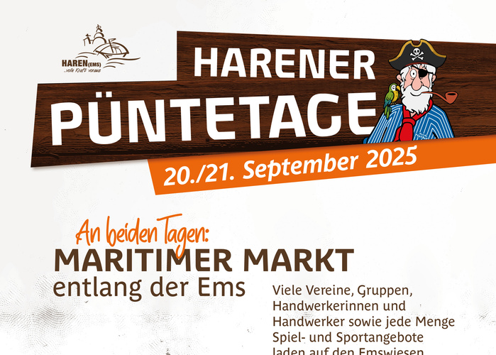KI generiert: Haren präsentiert die Püntetage am 20./21. September 2025, mit maritimem Markt entlang der Ems.