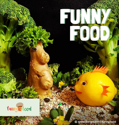 KI generiert: Lebensmittel in lustiger Anordnung: Gemüse als Figuren. Text: "FUNNY FOOD".