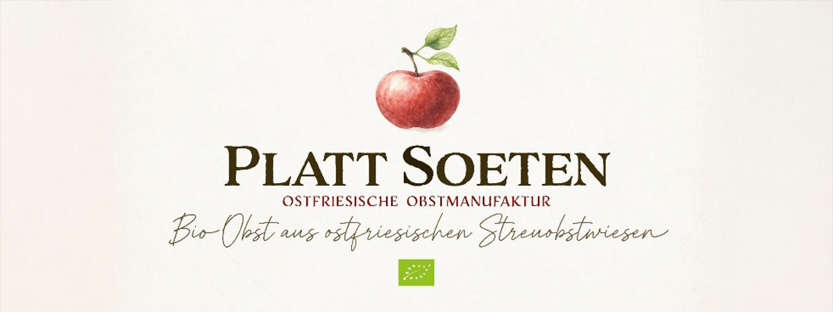 KI generiert: Ein Apfel über dem Text "Platt Soeten" und "Bio-Obst aus ostfriesischen Streuobstwiesen".