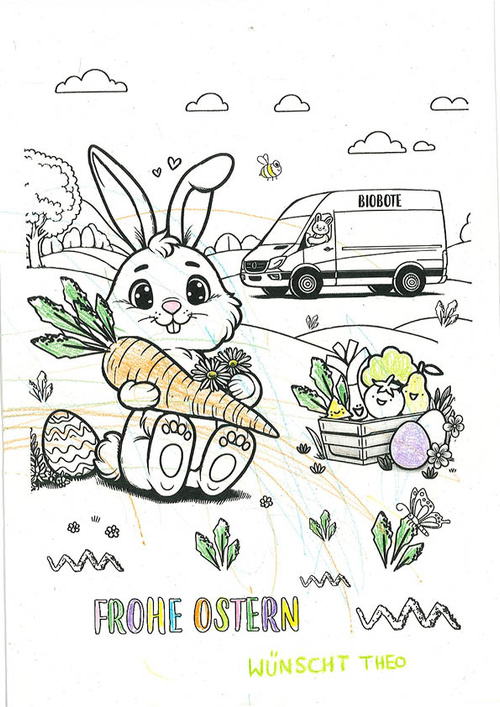 KI generiert: Niedlicher Osterhase mit Karotte und Ostereiern, "Frohe Ostern wünscht Theo."