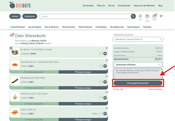 KI generiert: Bild zeigt einen Online-Warenkorb mit Bio-Produkten. Text: "Zahlungspflichtig bestellen".