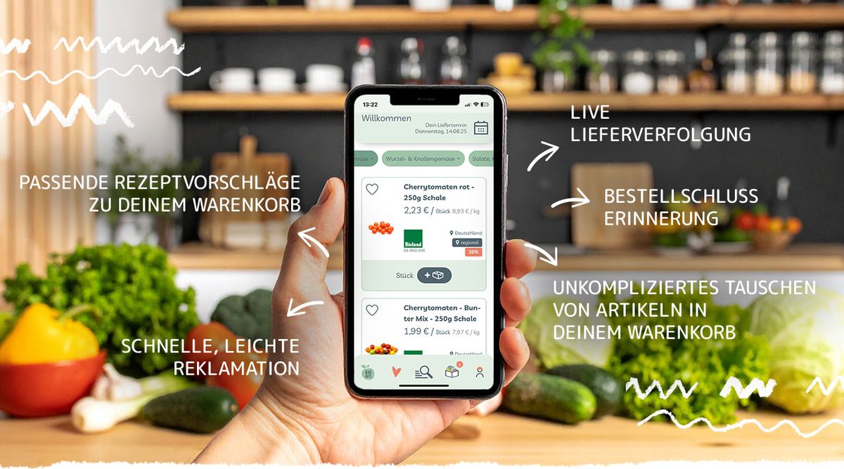 KI generiert: Eine Hand hält ein Smartphone mit einer Einkaufs-App. Text: Rezeptvorschläge, Lieferung, Reklamation.