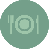 KI generiert: Grünes Icon mit Besteck und Teller auf einem runden Hintergrund.