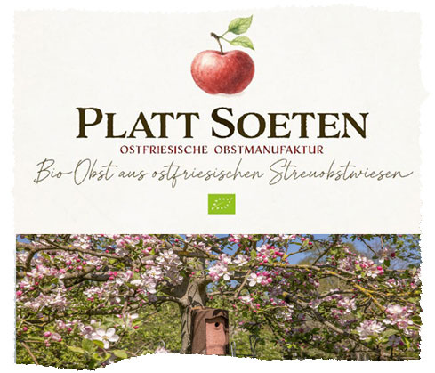 KI generiert: Ein Obstbaum in Blüte, mit Text: "PLATT SOETEN Ostfriesische Obstmanufaktur Bio-Obst aus ostfriesischen Streuobstwiesen".