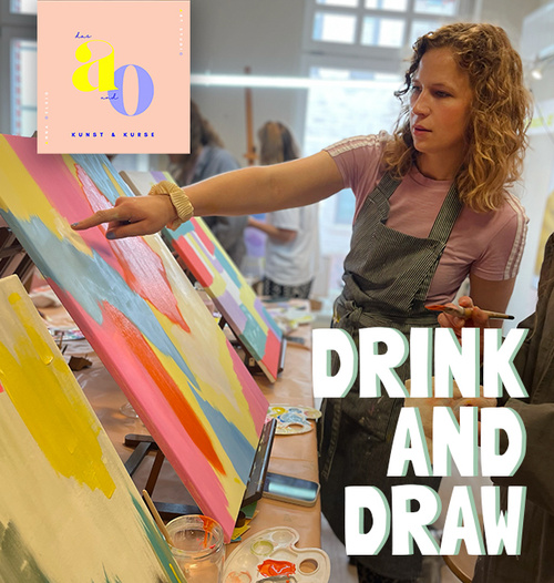 KI generiert: Frau malt ein Bild bei einem Kunst-Event. Text: "DRINK AND DRAW".