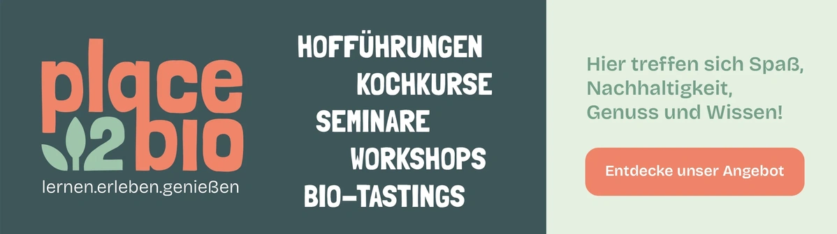 KI generiert: Werbung für place2bio mit Text zu Hof­führungen, Koch­kursen, Seminaren und Bio-Tastings.
