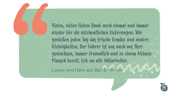 Ein Zitat lobt wöchentliche Lieferungen und netten Fahrer. Text: "Vielen, vielen lieben Dank..." von Louise und Hans.