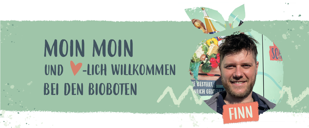 KI generiert: Das Bild zeigt eine Begrüßungsgrafik mit einem herzlichen Willkommensgruß bei den Bioboten, neben dem ein lächelndes Bild von jemandem namens Magda zu sehen ist. Der Hintergrund ist in sanften Grüntönen gehalten.