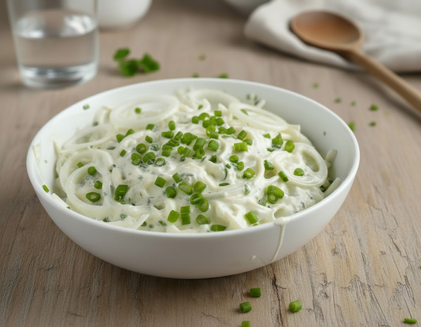 Schüssel mit Zwiebel-Sahne-Salat, garniert mit frischem Schnittlauch auf einem Holztisch.
