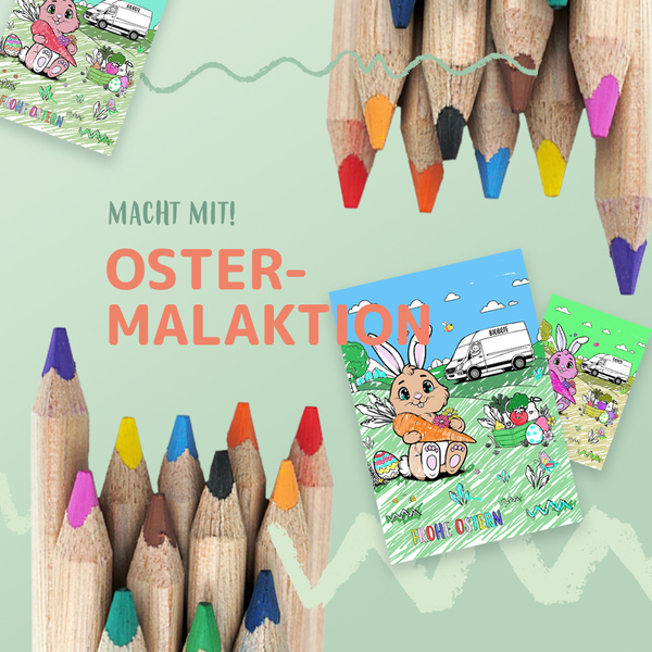 KI generiert: Bunte Stifte und Ausmalbilder mit Osterhase. Text: "Macht mit! Oster-Malaktion".
