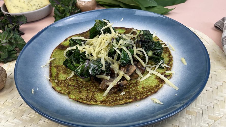 Rezeptbild für 343. Bärlauchpfannkuchen mit Champignons und Flower Sprouts